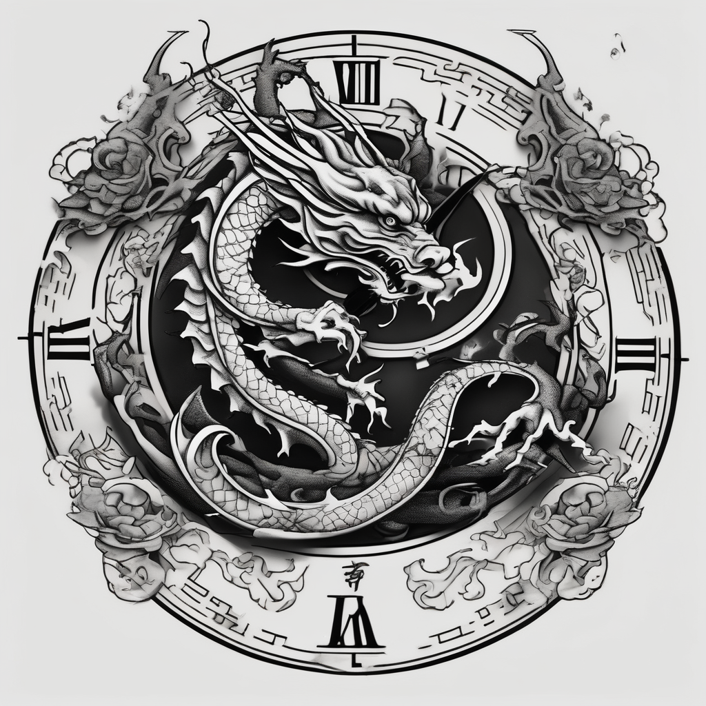 Dark cancer zodiac sign tattoo with dragon and clock on background glitter tattoo, diseño de tatuaje Japonés generado con IA